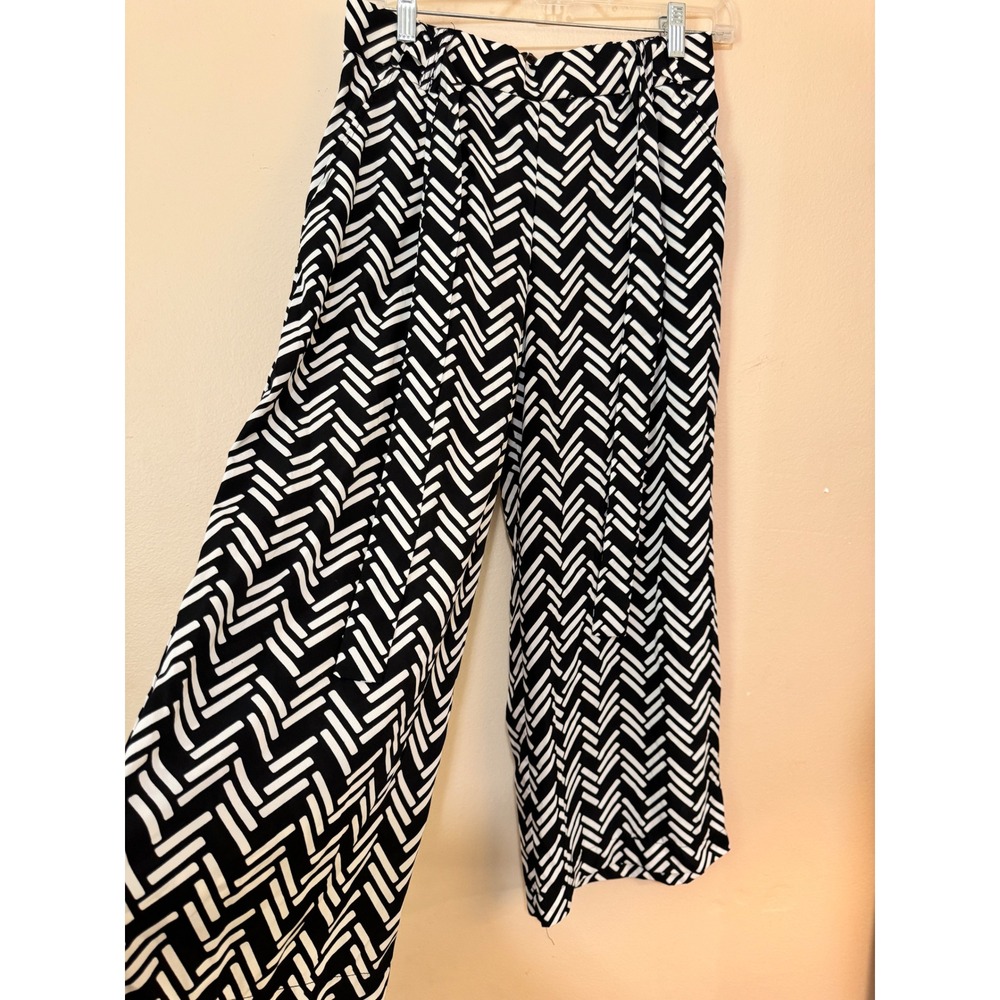 Black White Geometric Herringbone Paperbag Waist Wide Leg Pants with Belt
